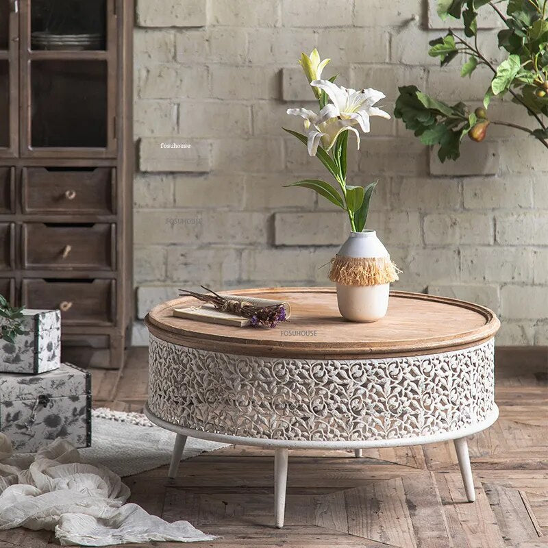 ChandeliersDecor.com-Coffee Tables-Retro Round Pine Wood Coffee Table Set of 3