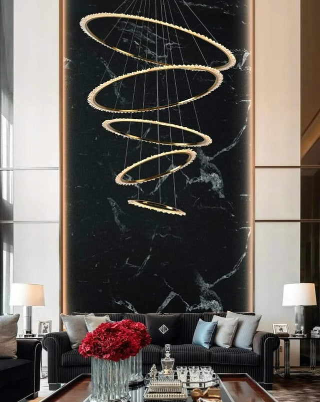Rings Crystal LED Staircase Chandelier: Elegance-ChandeliersDecor.com