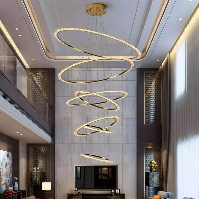 Rings Crystal LED Staircase Chandelier: Elegance-ChandeliersDecor.com