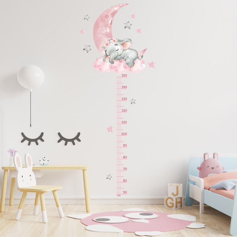 ChandeliersDecor.com-Kids Room Nursery Decals-Sleeping Elephant Bear Moon Kids Height Measure Wall Stickers