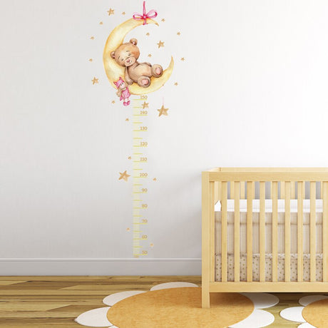 ChandeliersDecor.com-Kids Room Nursery Decals-Sleeping Yellow Bear Moon Height Measure Wall Decal for Kids Room