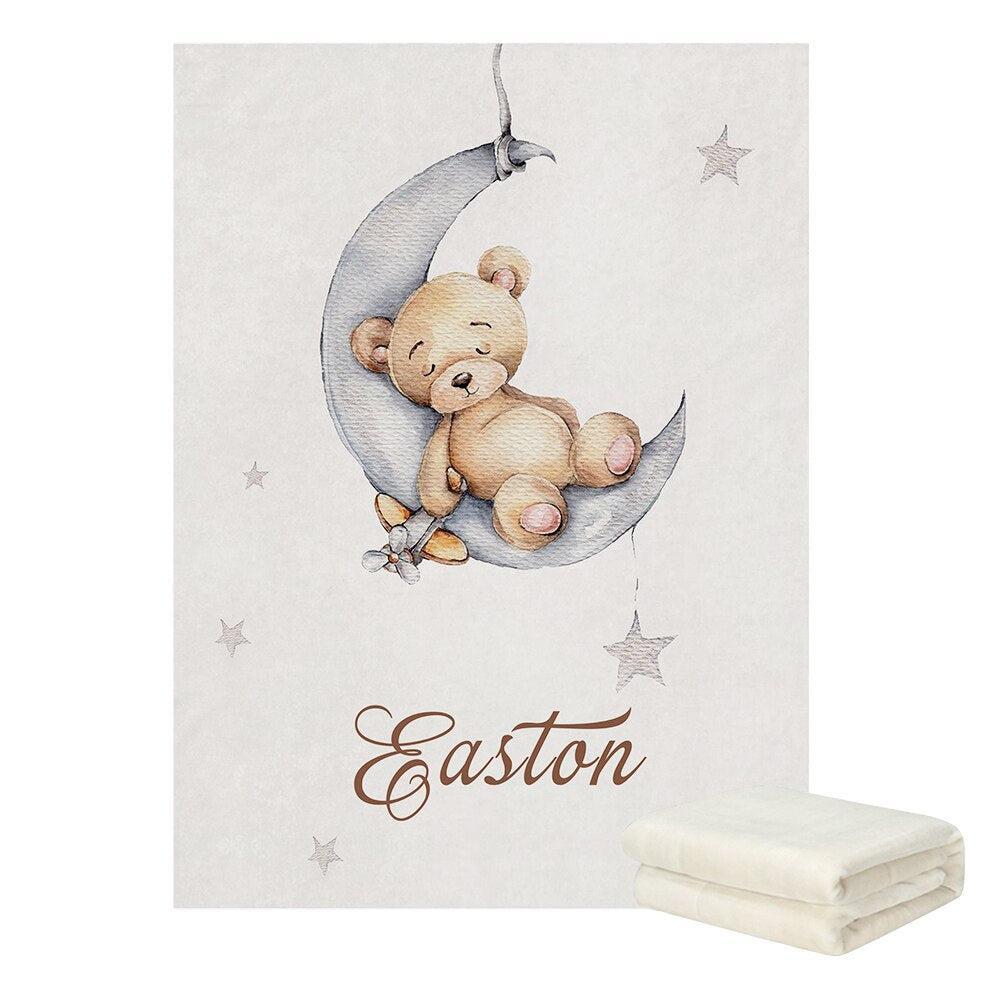 ChandeliersDecor.com-Crib Bedding-Sleepy Bear on Moon Baby Name Crib Bedding Set | Baby Shower Gift Bedding Set