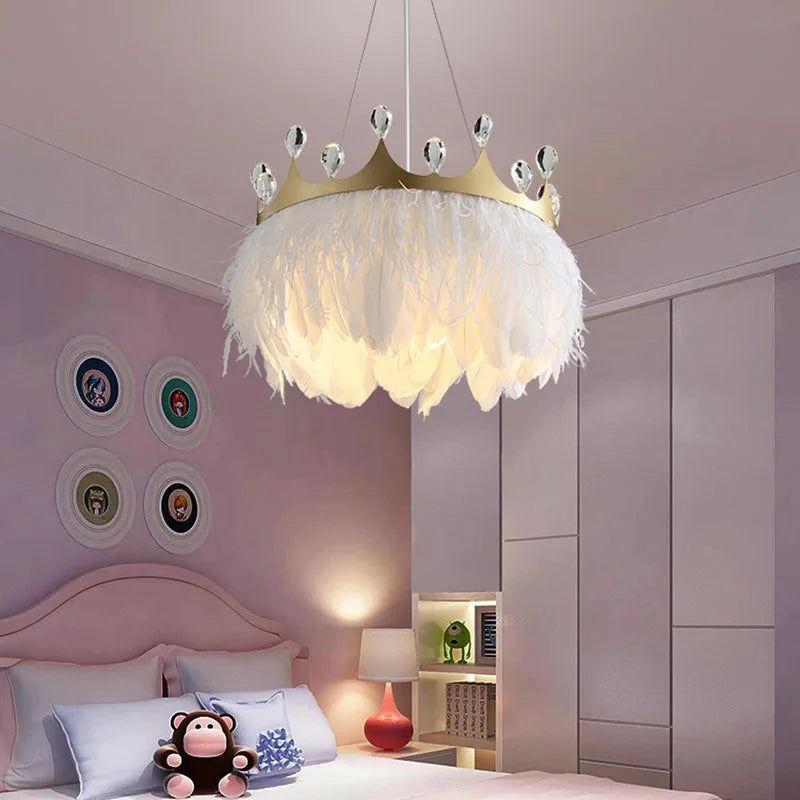 ChandeliersDecor.com-Kids Room Nursery Lighting-White Feather Crown Crystal Pendant Light - Illuminate Your Space with Ethereal Elegance