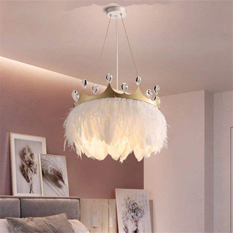 ChandeliersDecor.com-Kids Room Nursery Lighting-White Feather Crown Crystal Pendant Light - Illuminate Your Space with Ethereal Elegance