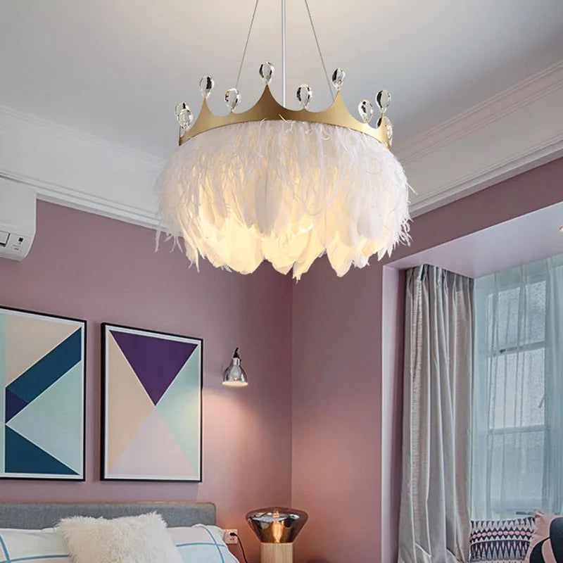 ChandeliersDecor.com-Kids Room Nursery Lighting-White Feather Crown Crystal Pendant Light - Illuminate Your Space with Ethereal Elegance