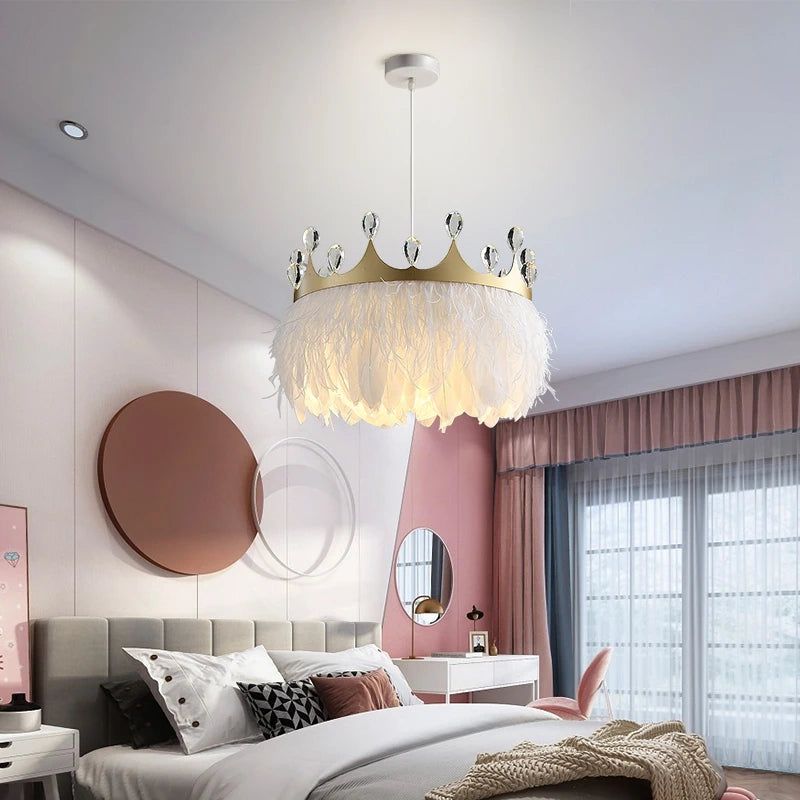 ChandeliersDecor.com-Kids Room Nursery Lighting-White Feather Crown Crystal Pendant Light - Illuminate Your Space with Ethereal Elegance