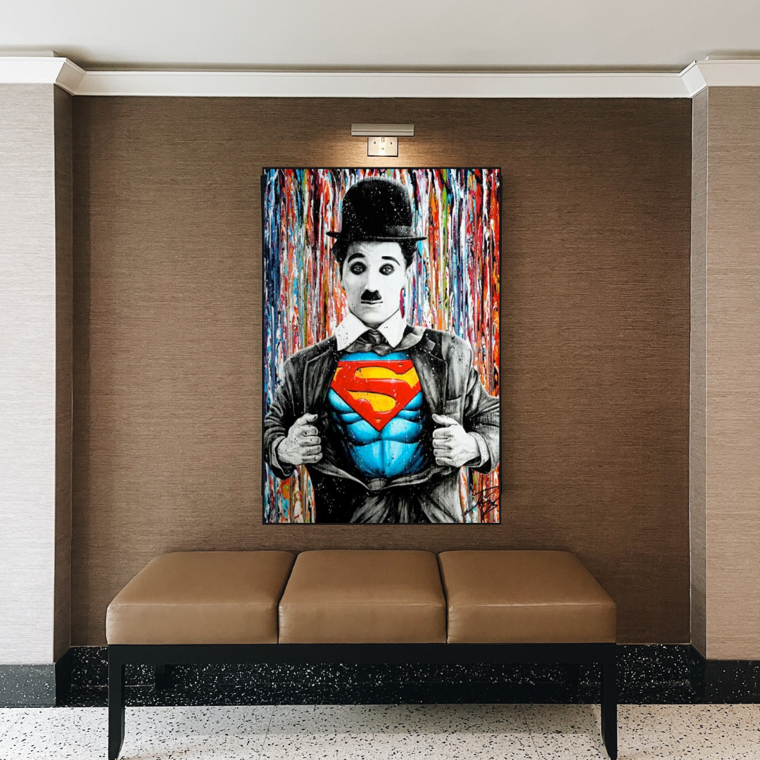 Charlie as Super Man Canvas Wall Art-ChandeliersDecor