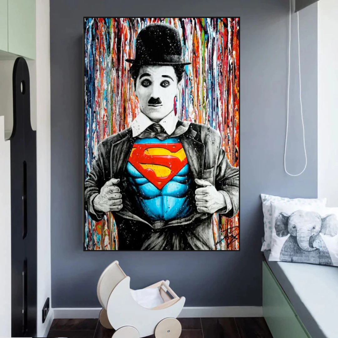 Charlie as Super Man Canvas Wall Art-ChandeliersDecor