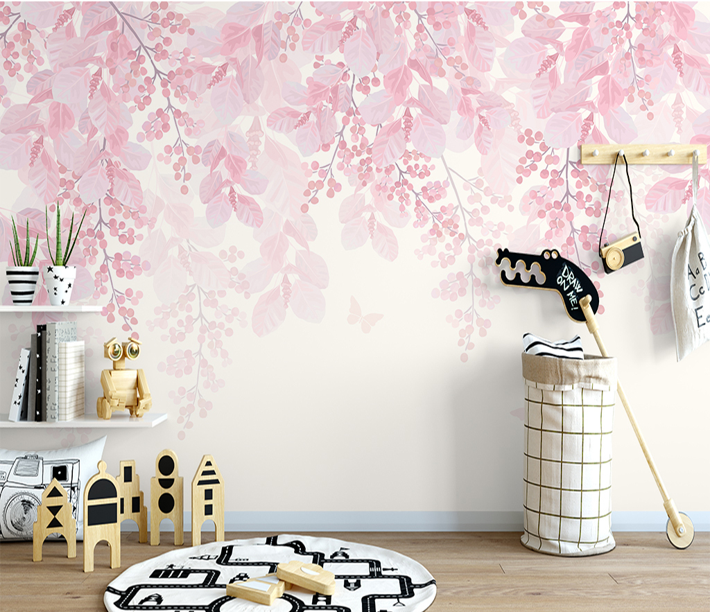 Cherry Tree: Pink Flowers Mural Wallpaper-ChandeliersDecor