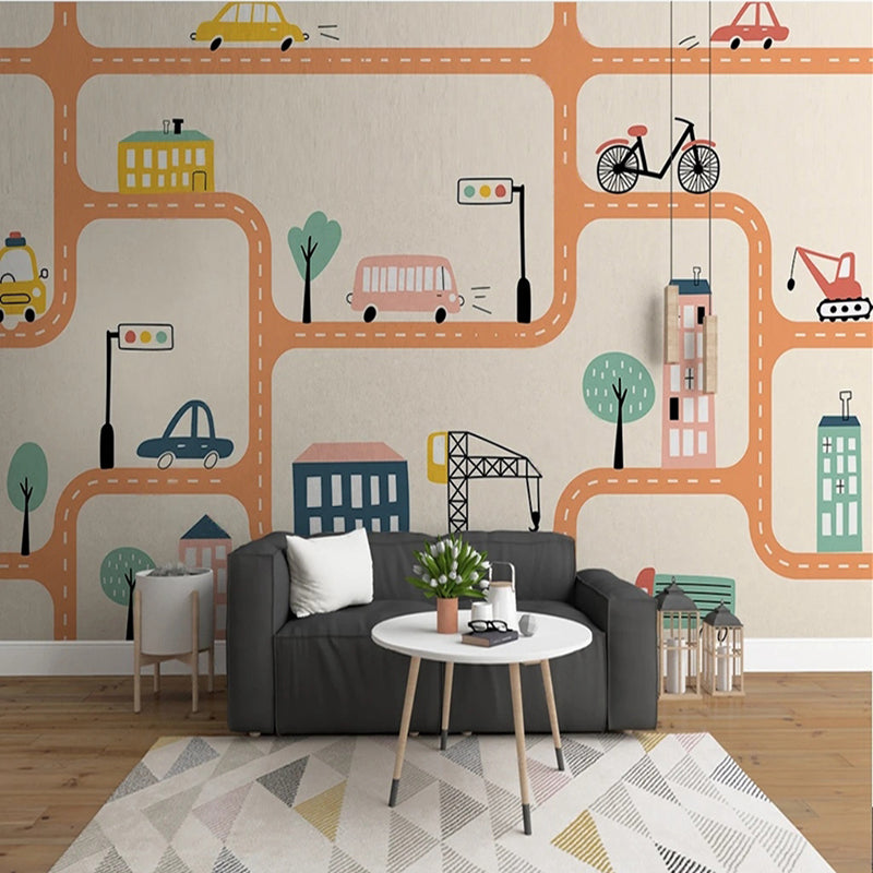City Roads Car Tracks Nursery Wallpaper-ChandeliersDecor