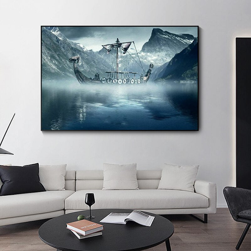 Cold North Sea Viking Long Ship Canvas Wall Art-ChandeliersDecor