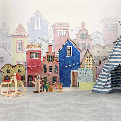 Colorful Houses Theme Wallpaper - Nursery Wallpaper-ChandeliersDecor.com