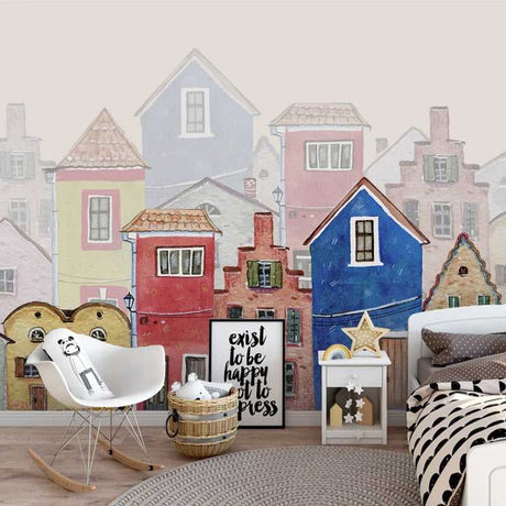 Colorful Houses Theme Wallpaper - Nursery Wallpaper-ChandeliersDecor