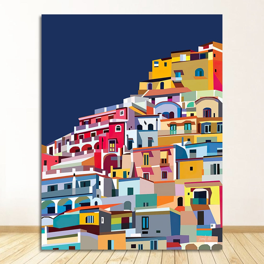 Colourful Architecture art Amalfi Coast Positano Italy Canvas Wall Art-ChandeliersDecor