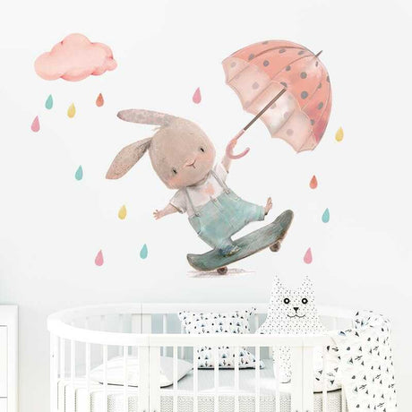 Cute Bunny Boy on Skateboard with Umbrella Wall Stickers