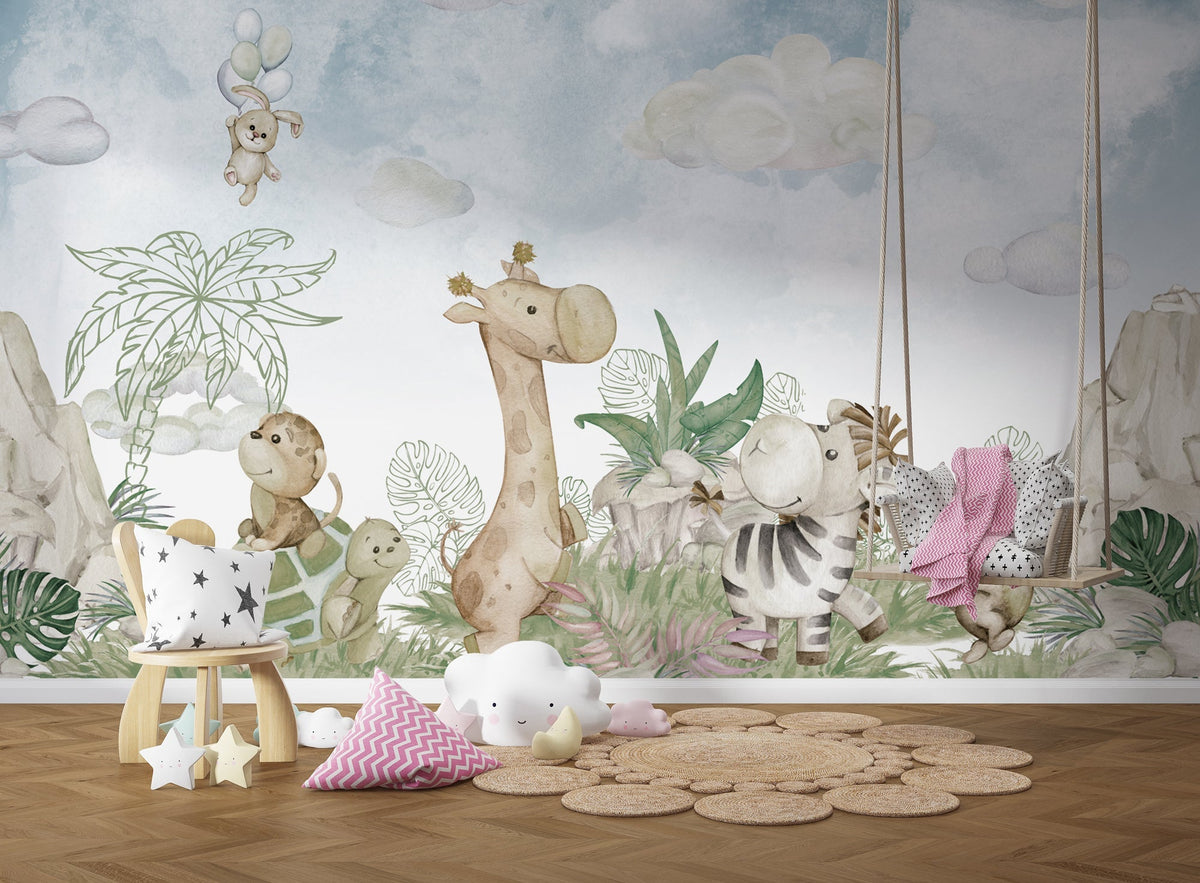 Cute Jungle Safari - Baby Room Wallpaper Mural-ChandeliersDecor