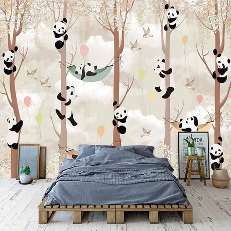 Cute Pandas Hanging on Trees in Forest Nursery Wallpaper-ChandeliersDecor.com