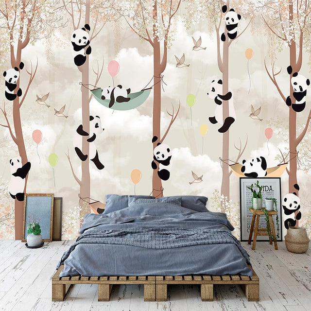 Cute Pandas Hanging on Trees in Forest Nursery Wallpaper-ChandeliersDecor