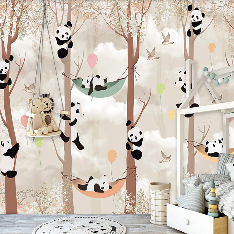 Cute Pandas Hanging on Trees in Forest Nursery Wallpaper-ChandeliersDecor