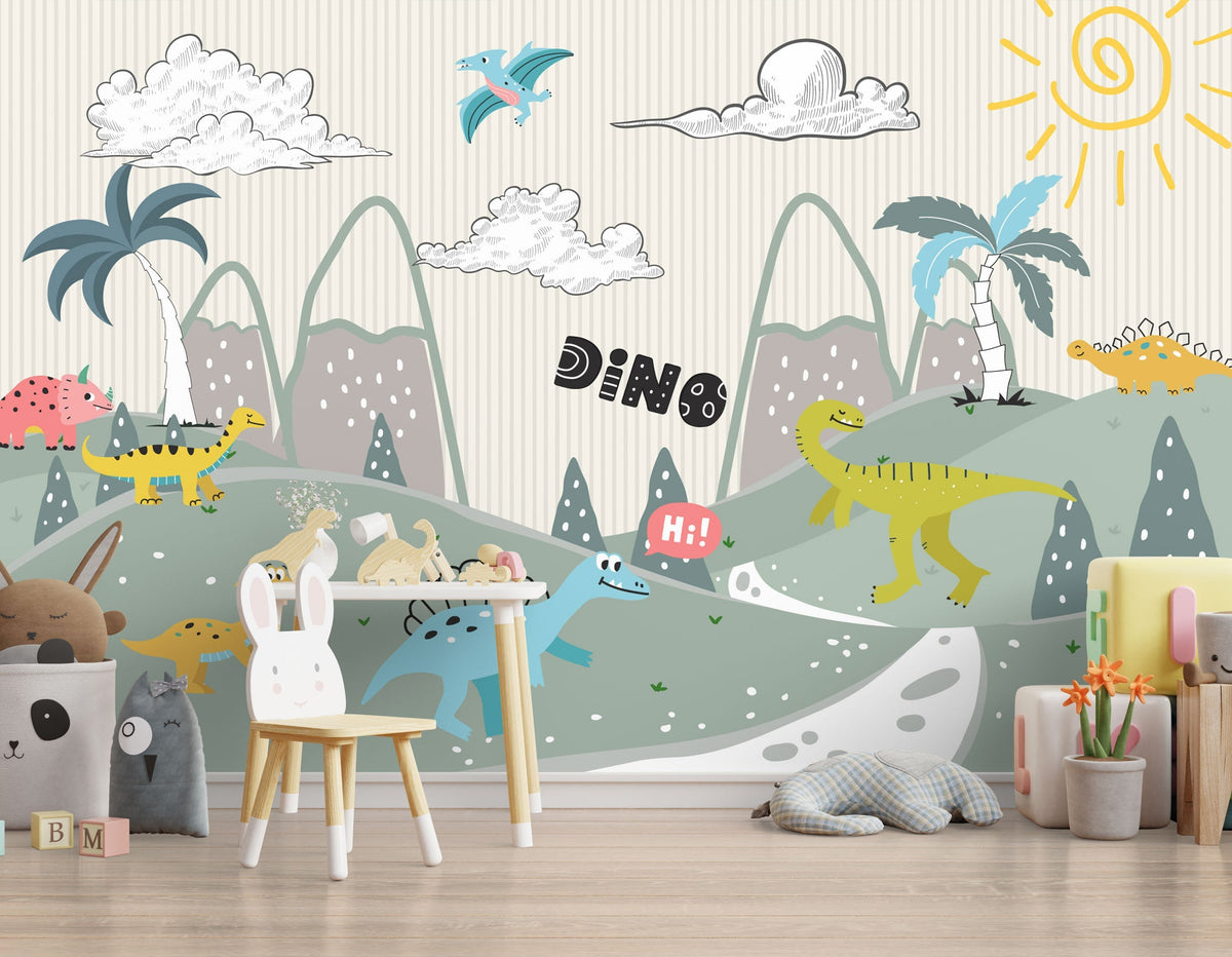 Dino Jungle - Papier Peint Mural pour Chambre d'Enfant