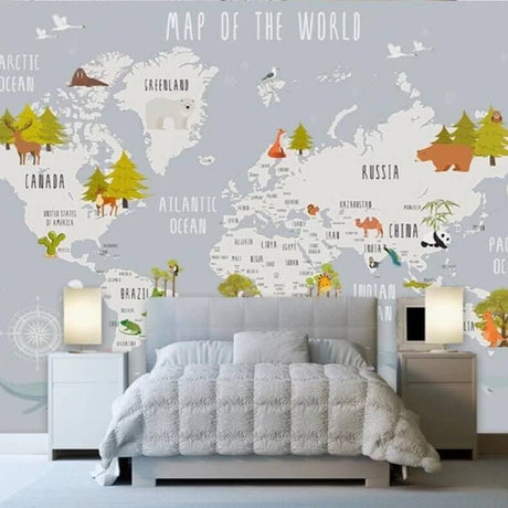 Dreamland Nursery Grey and White World Map Wallpaper-ChandeliersDecor.com