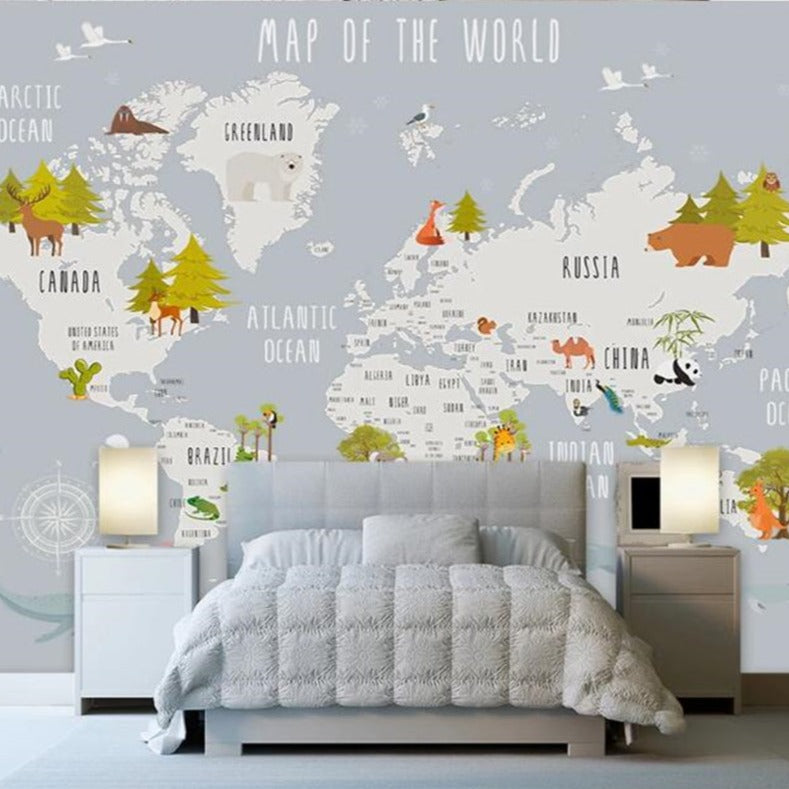 Dreamland Nursery Grey and White World Map Wallpaper-ChandeliersDecor