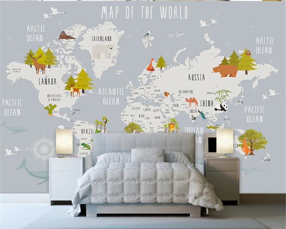Dreamland Nursery Grey and White World Map Wallpaper-ChandeliersDecor