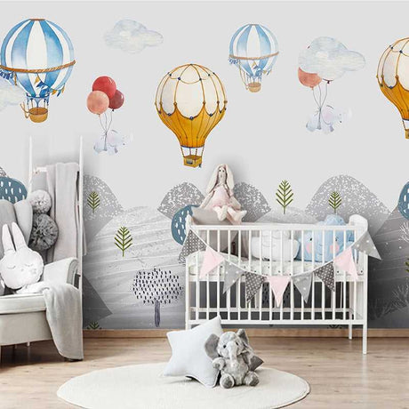 Elephants Hanging from Air Balloons: Kids Nursery Wallpaper-ChandeliersDecor