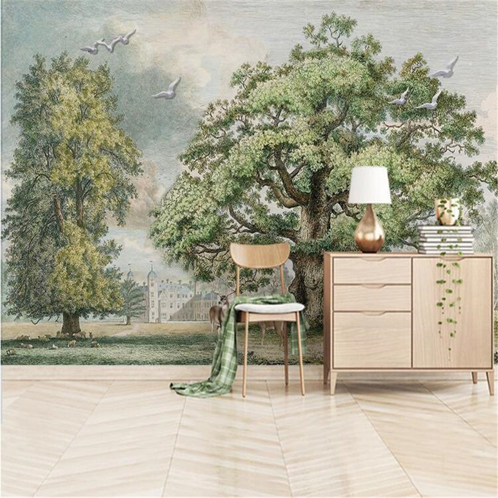 Evergreen Bliss: Bright and Vibrant Tree Scenery Wallpaper-ChandeliersDecor