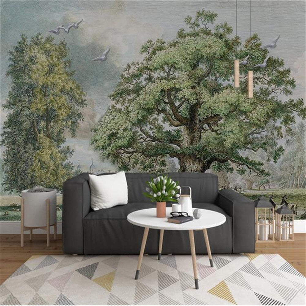 Evergreen Bliss: Bright and Vibrant Tree Scenery Wallpaper-ChandeliersDecor