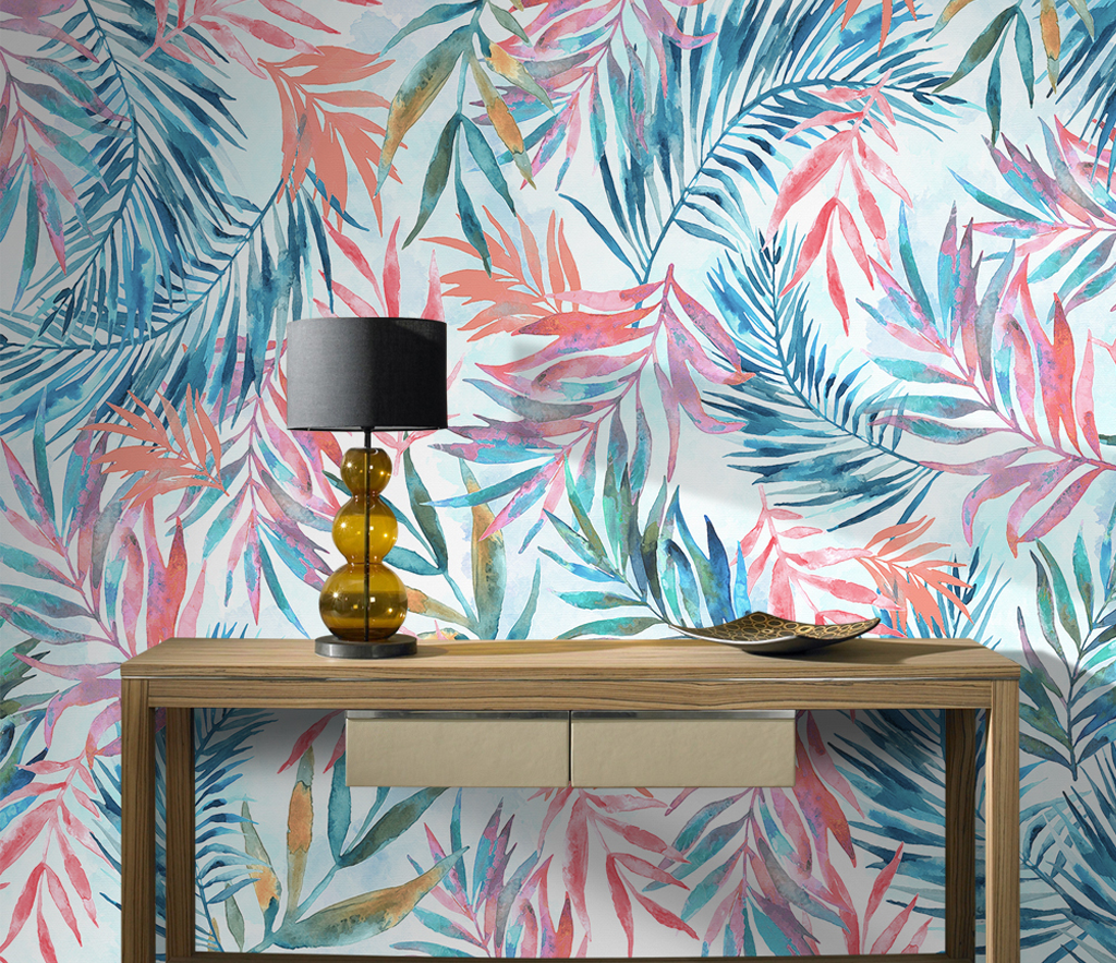 Exotic Watercolour Design Leaves Wallpaper Mural-ChandeliersDecor