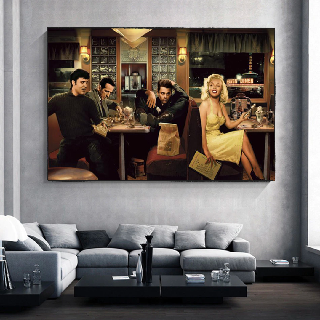 Find Marilyn Poster: James Dean, Elvis at the Diner-ChandeliersDecor