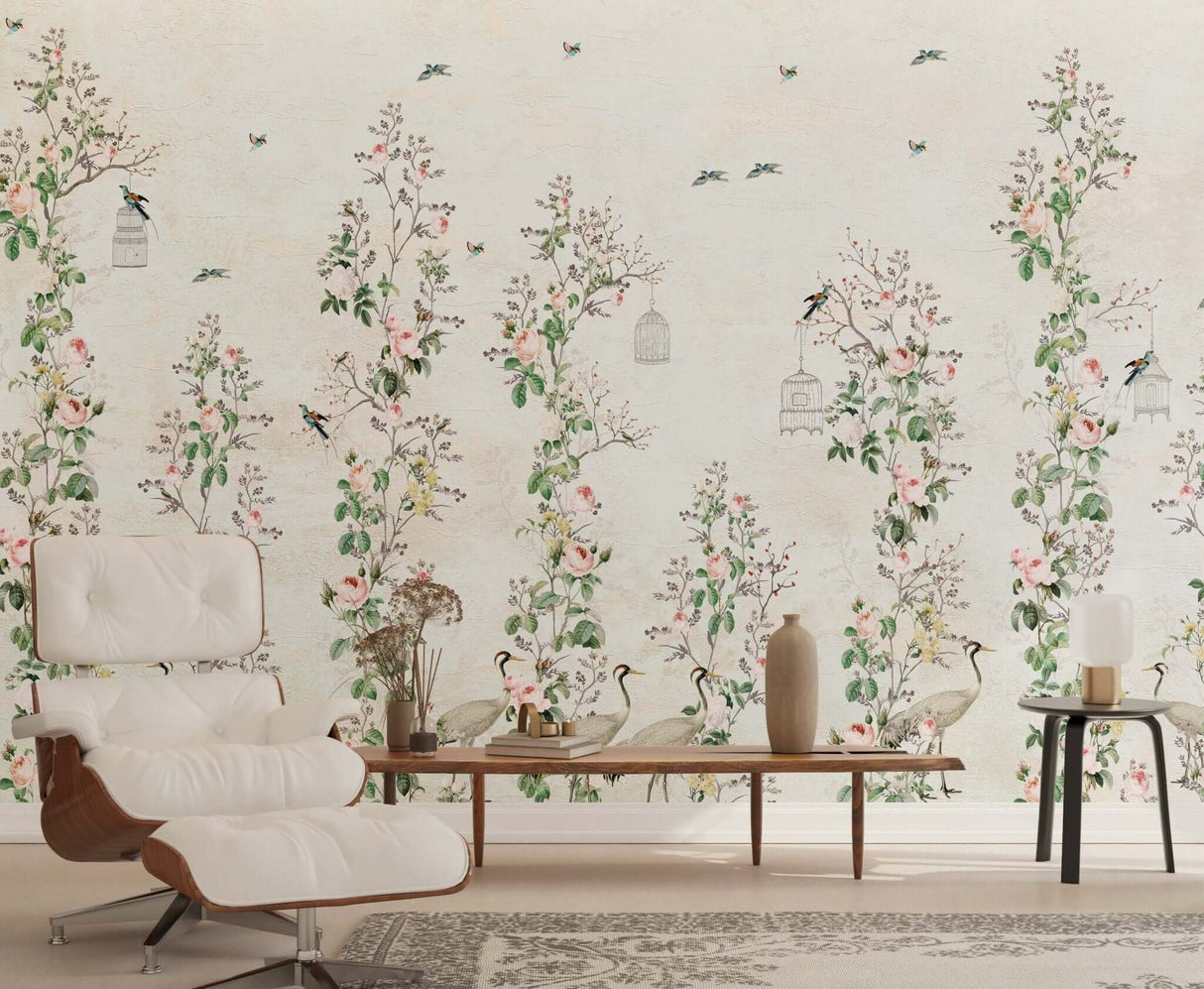 Floral Birds Wallpaper Mural: Stunning Wall Décor-ChandeliersDecor.com