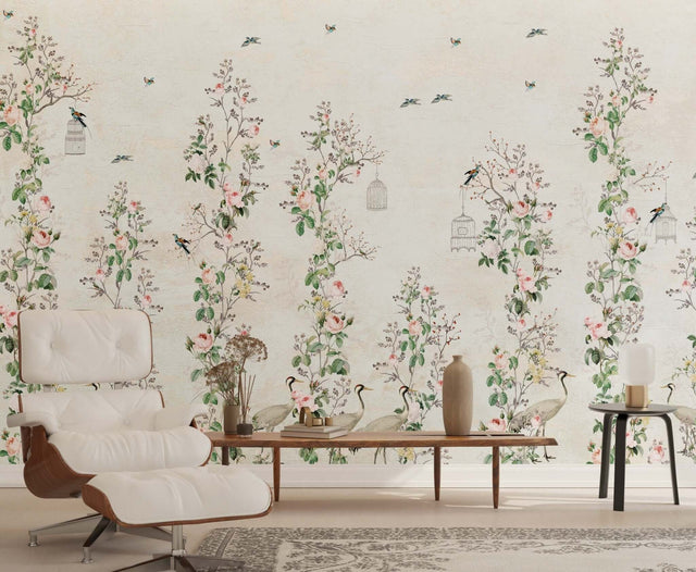 Floral Birds Wallpaper Mural: Stunning Wall Décor-ChandeliersDecor.com