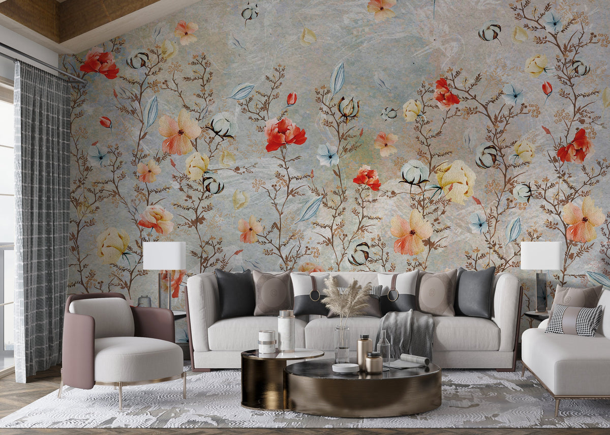 Floral Elegance: Living Room Wallpaper Mural-ChandeliersDecor