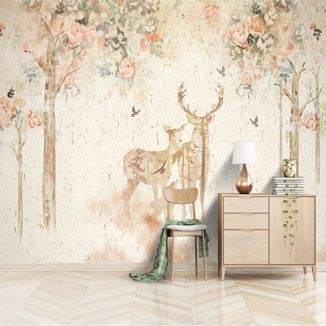 Floral Meadow with Deer - Nature-Inspired Wallpaper-ChandeliersDecor