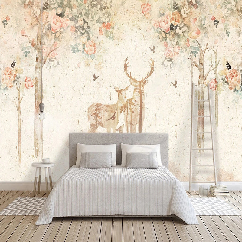 Floral Meadow with Deer - Nature-Inspired Wallpaper-ChandeliersDecor