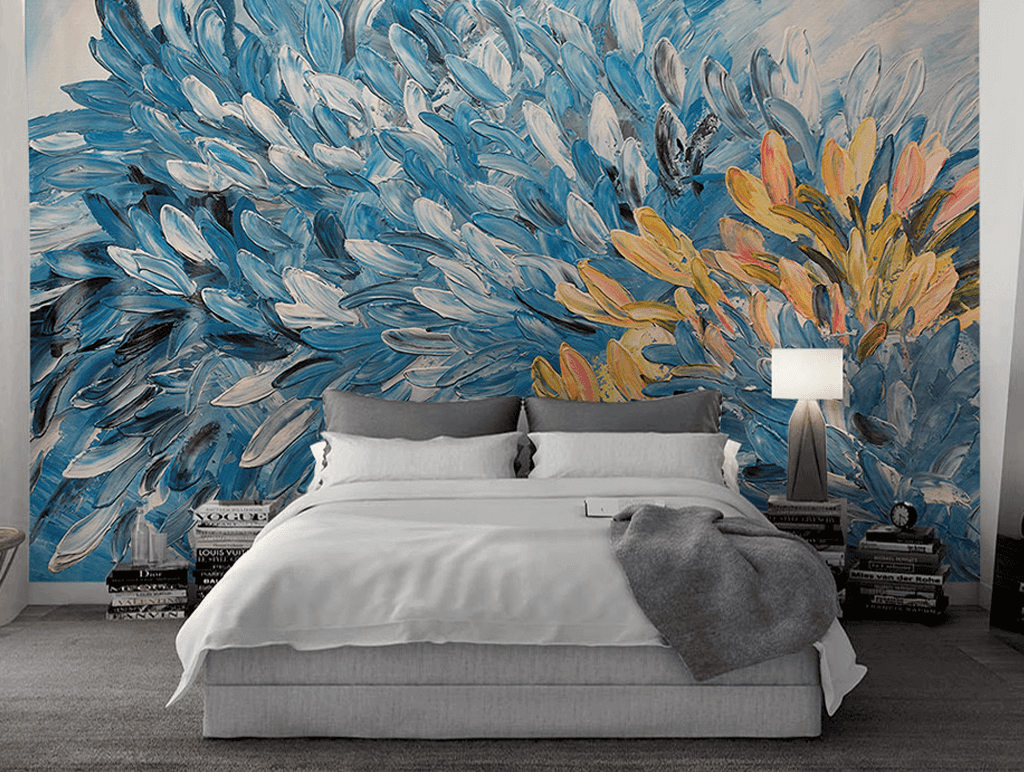Floral Painting Blue & Gold Wallpaper Murals-ChandeliersDecor.com