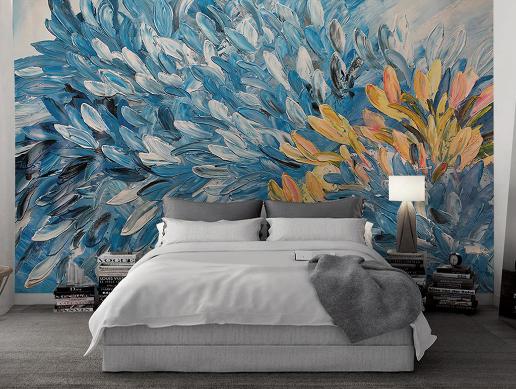 Floral Painting Blue & Gold Wallpaper Murals-ChandeliersDecor