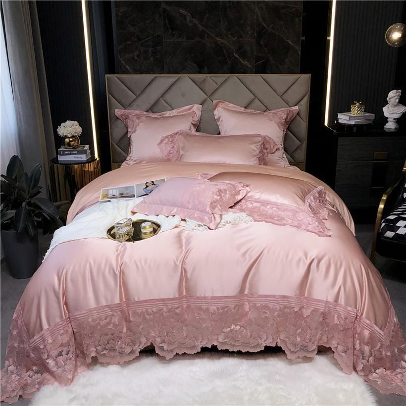 Flowery Wide Lace Satin+Egyptian Cotton Ultra Soft Silky Bedding Set