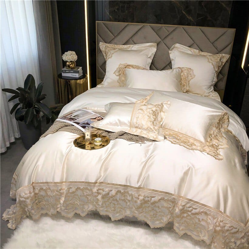 Flowery Wide Lace Satin+Egyptian Cotton Ultra Soft Silky Bedding Set