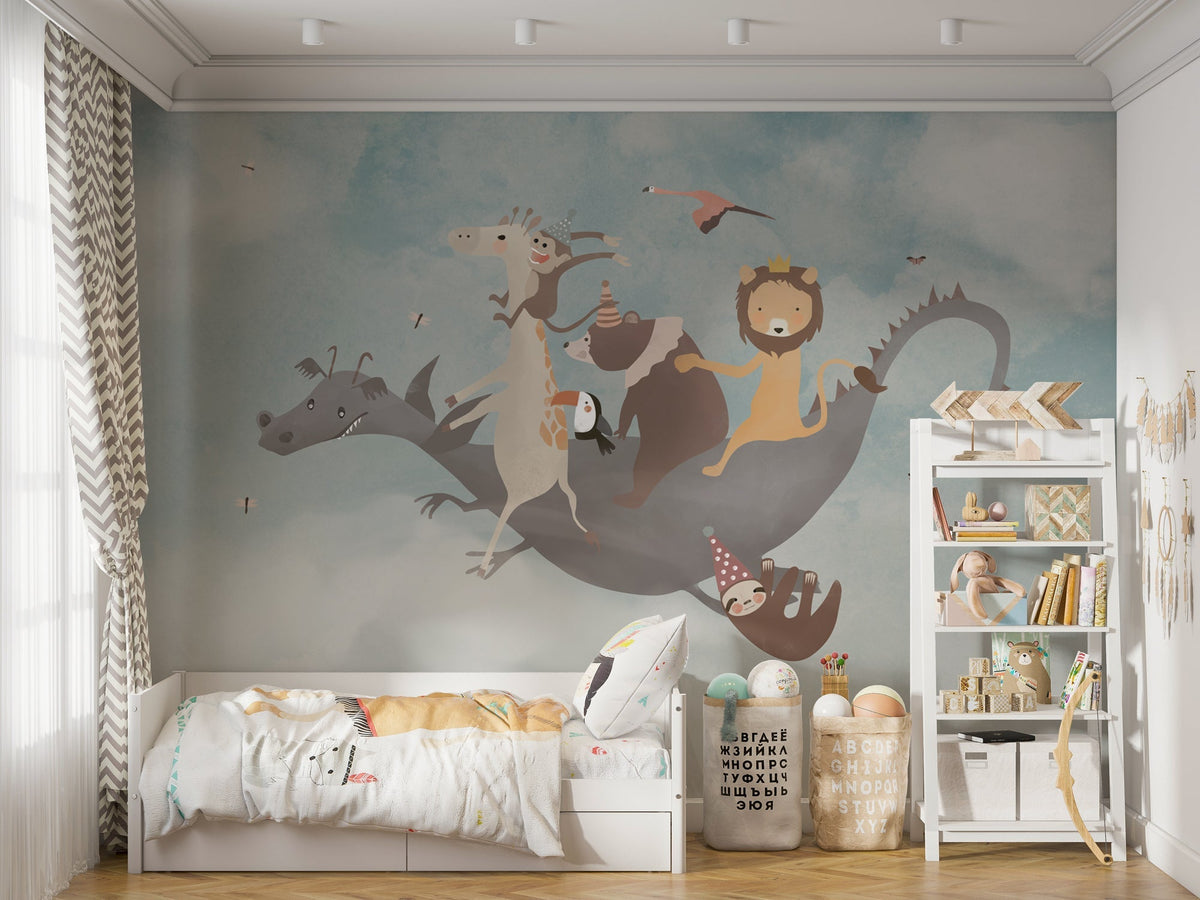 Fly Away Dino - Papier Peint Mural pour Chambre d'Enfant