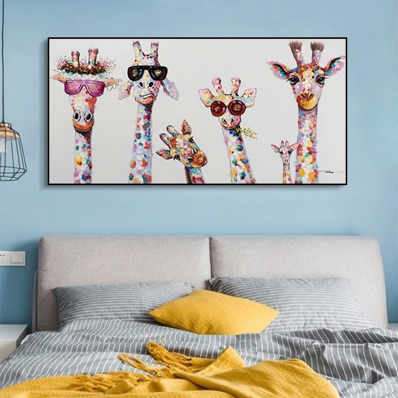 Funny Art Giraffe Family Canvas Wall Art-ChandeliersDecor