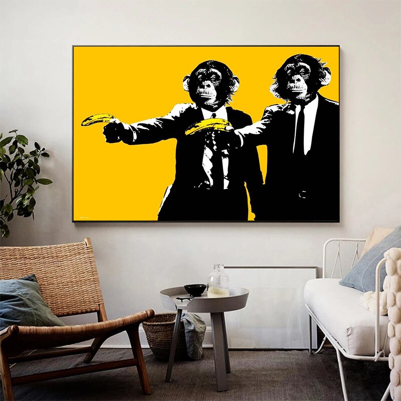 Funny Art Monkey Holding Banana Canvas Wall Art-ChandeliersDecor