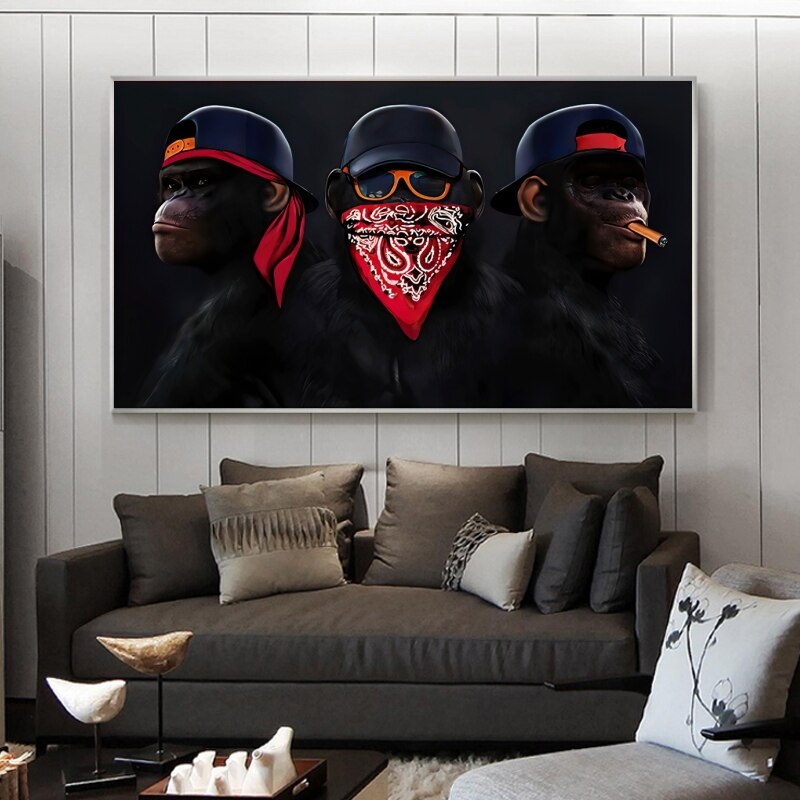 Funny Masked Monkey Smoking Canvas Wall Art-ChandeliersDecor