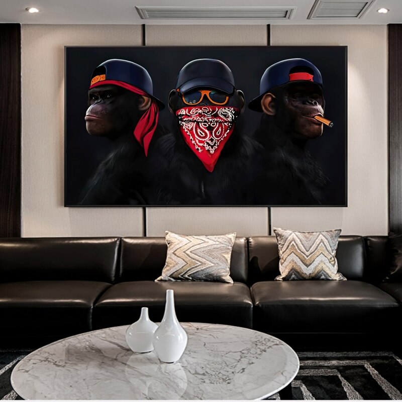 Funny Masked Monkey Smoking Canvas Wall Art-ChandeliersDecor