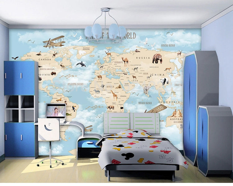 GeoExplorers: Interactive Blue Theme World Map Wallpaper for Kids-ChandeliersDecor