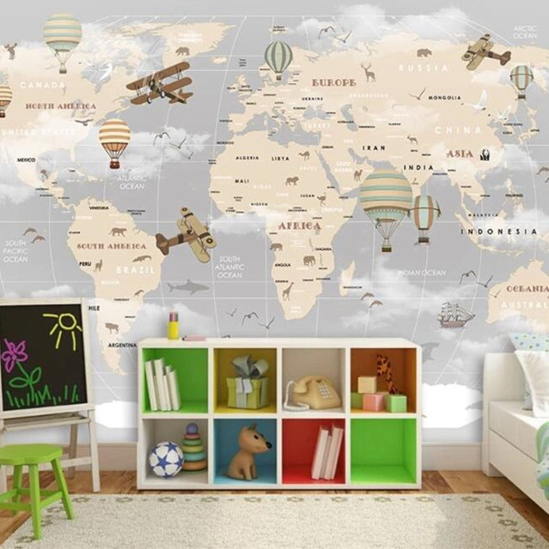 GeoExplorers: Interactive Greyish Theme World Map Wallpaper for Kids-ChandeliersDecor