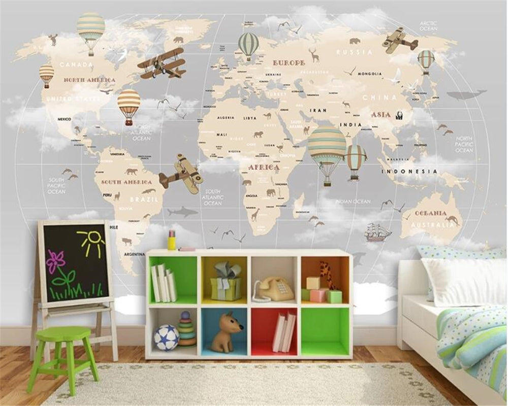 GeoExplorers: Interactive Greyish Theme World Map Wallpaper for Kids-ChandeliersDecor