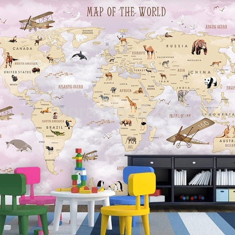 GeoExplorers: Interactive Purple Theme World Map Wallpaper for Kids-ChandeliersDecor